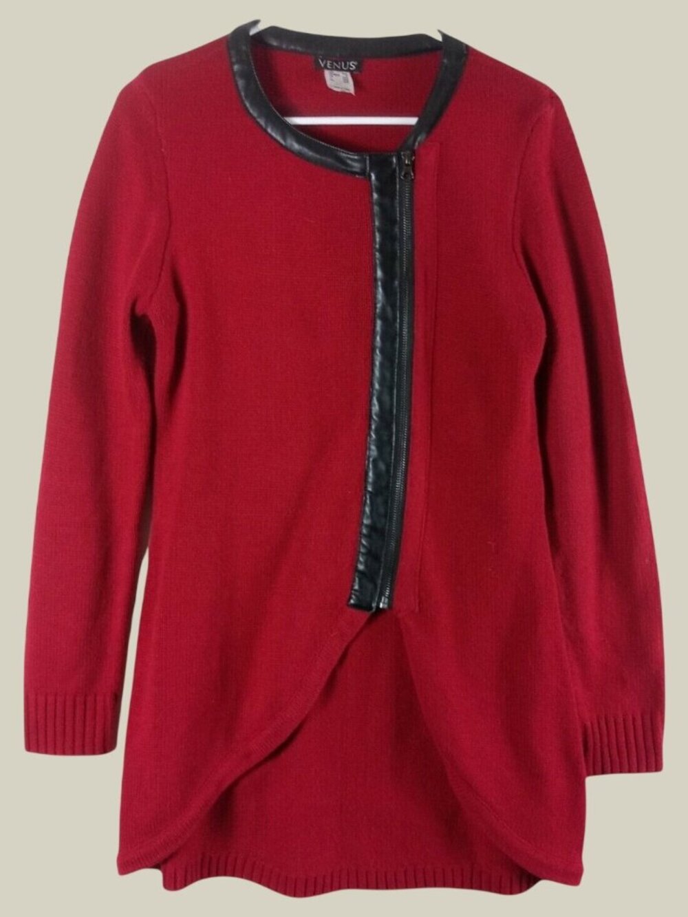 Venus Faux Leather Trim Zip Cardigan Womens M Red Edgy Date Night Alternative